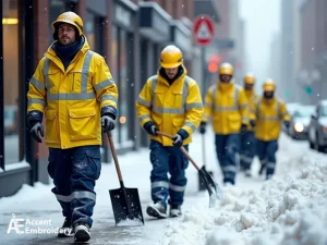 A group of men in yellow branded winter gear with shovels walking down a snowy street