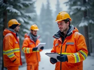A group of men wearing branded apparel orange jackets and helmets
